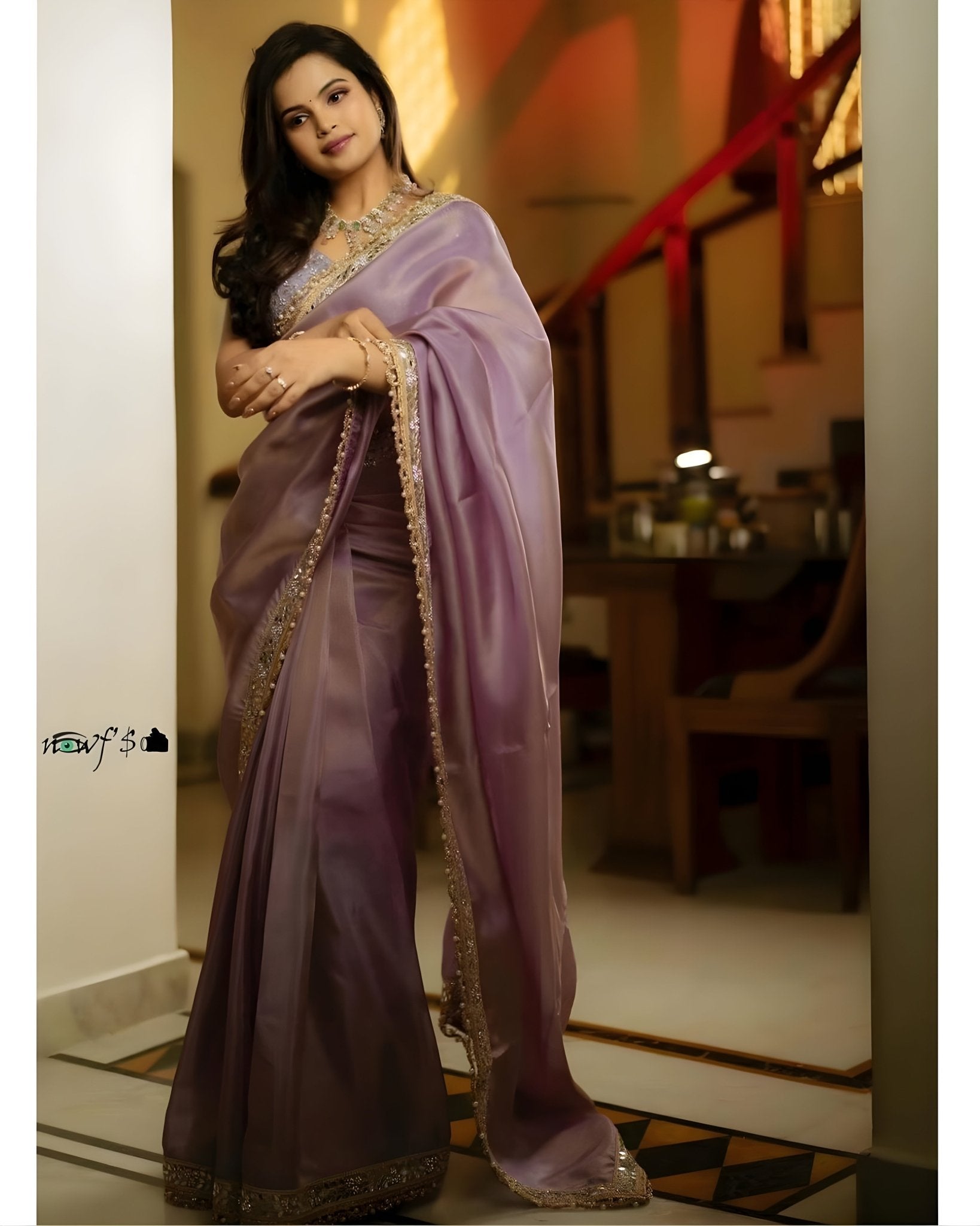 Lavender Tissue Saree with Gold Embroidered Border - Ressa