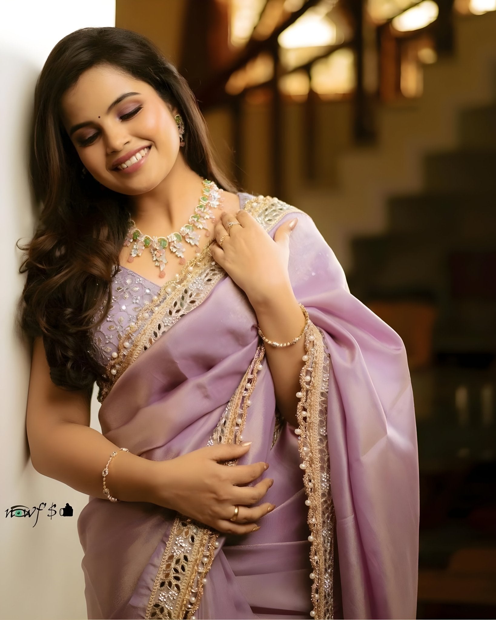 Lavender Tissue Saree with Gold Embroidered Border - Ressa
