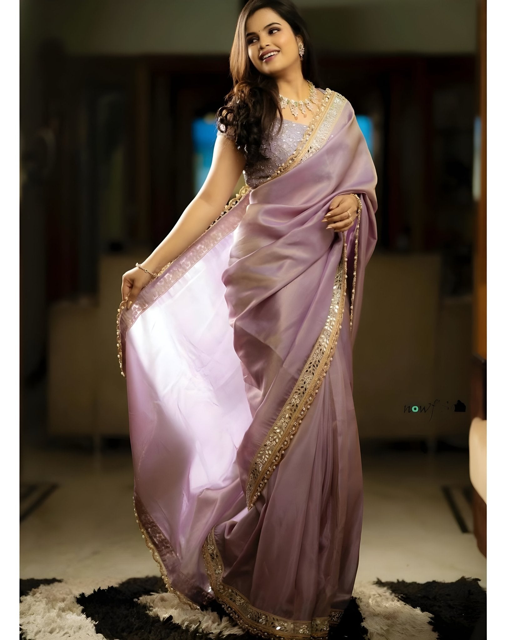 Lavender Tissue Saree with Gold Embroidered Border - Ressa