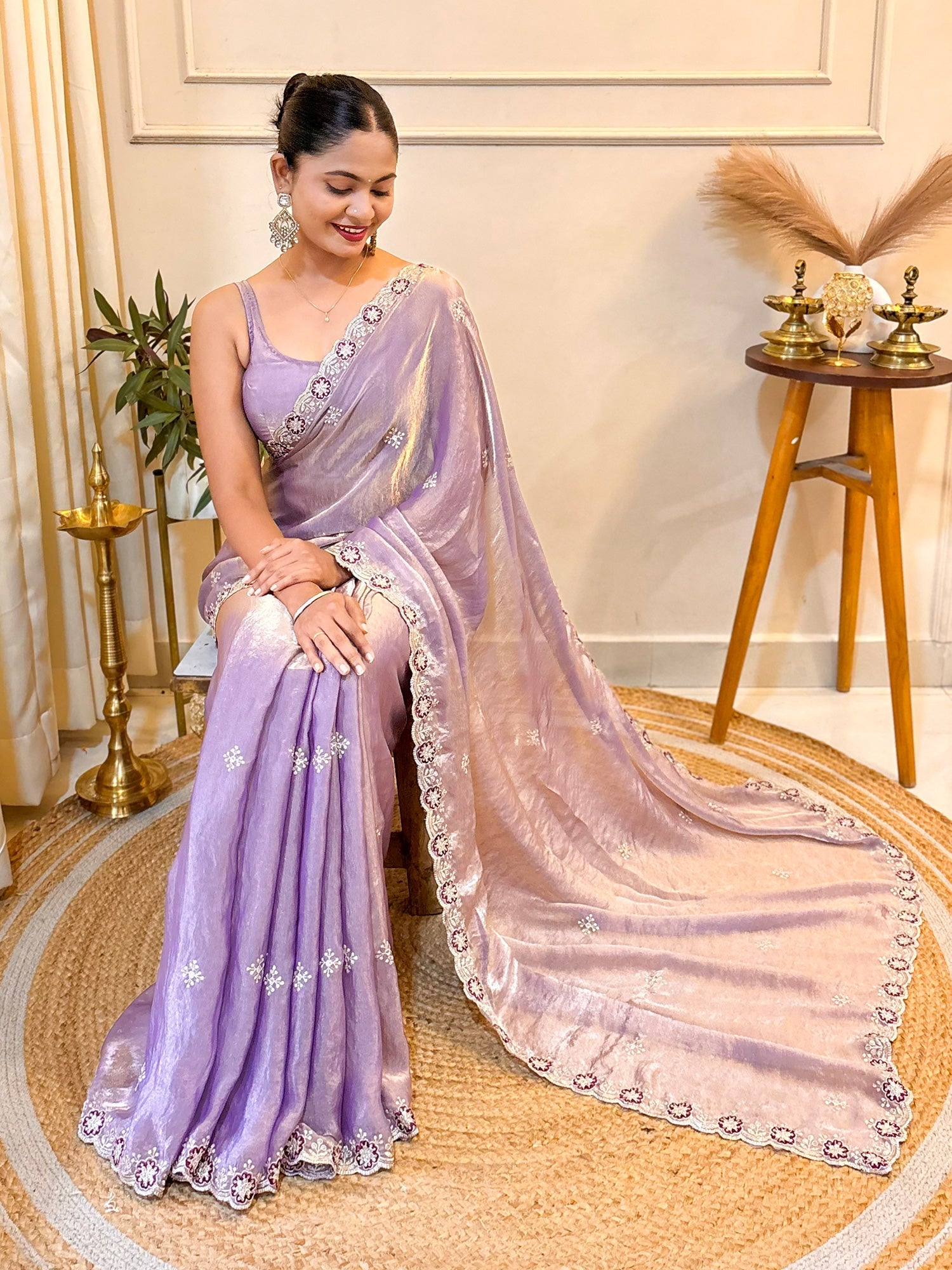 Lavender Tissue Silk Embroidered Saree - Ressa