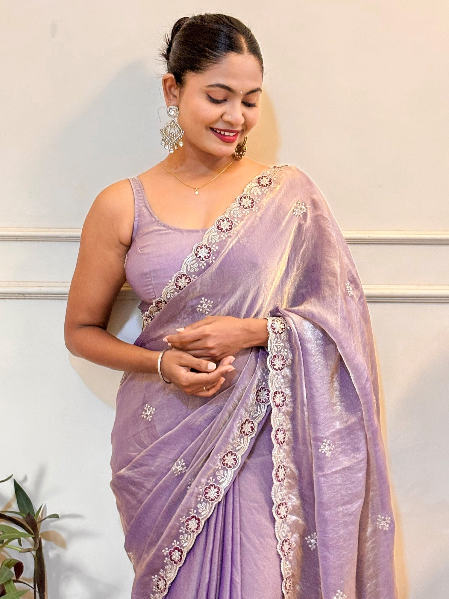 Lavender Tissue Silk Embroidered Saree - Ressa