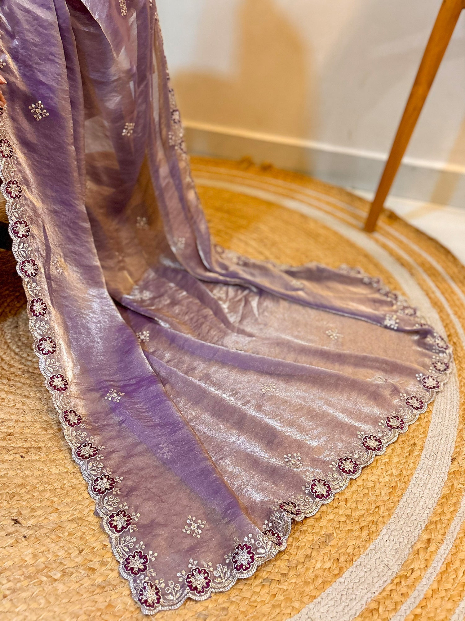 Lavender Tissue Silk Embroidered Saree - Ressa