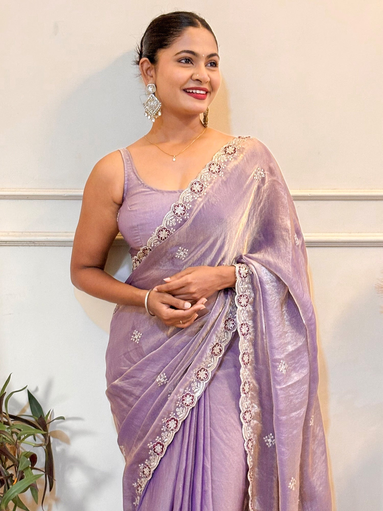 Lavender Tissue Silk Embroidered Saree - Ressa
