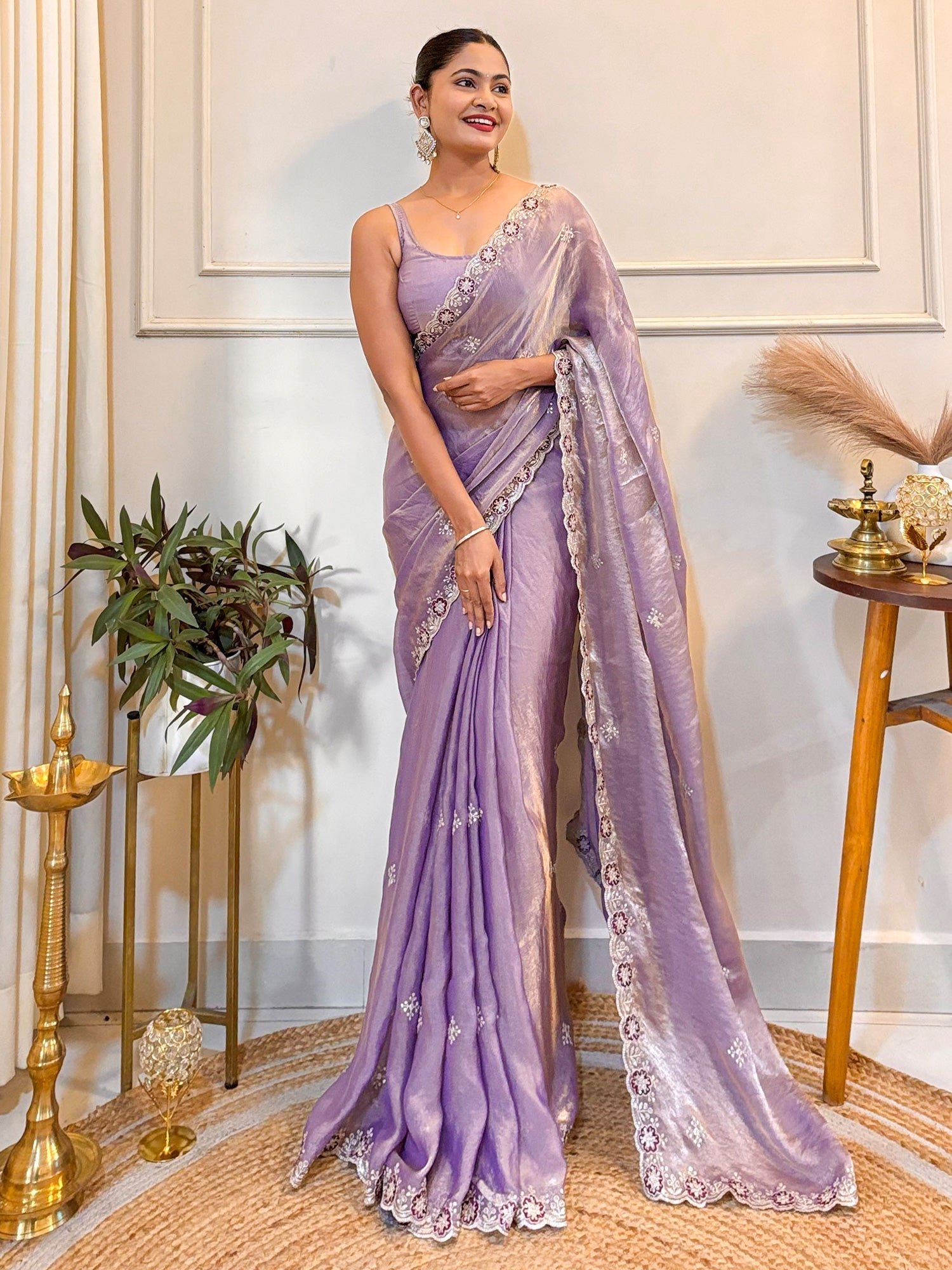 Lavender Tissue Silk Embroidered Saree - Ressa