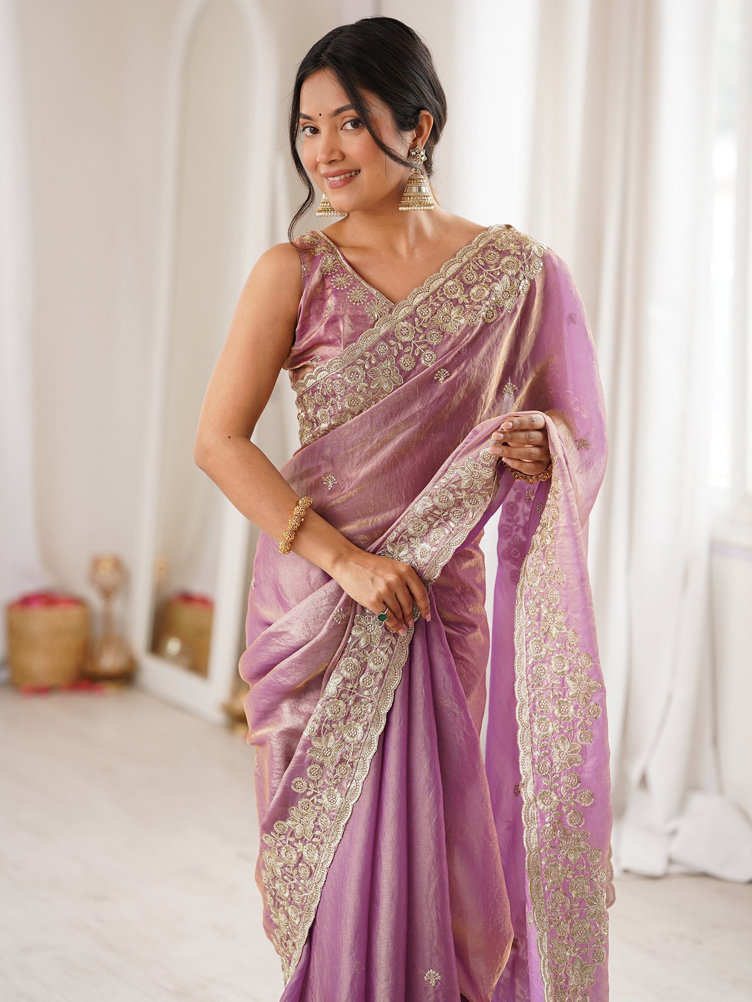 Lavender Tissue Silk Saree with Embroidered Border - Ressa
