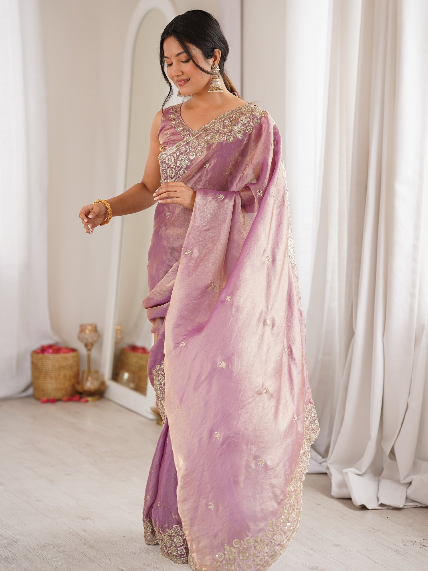 Lavender Tissue Silk Saree with Embroidered Border - Ressa