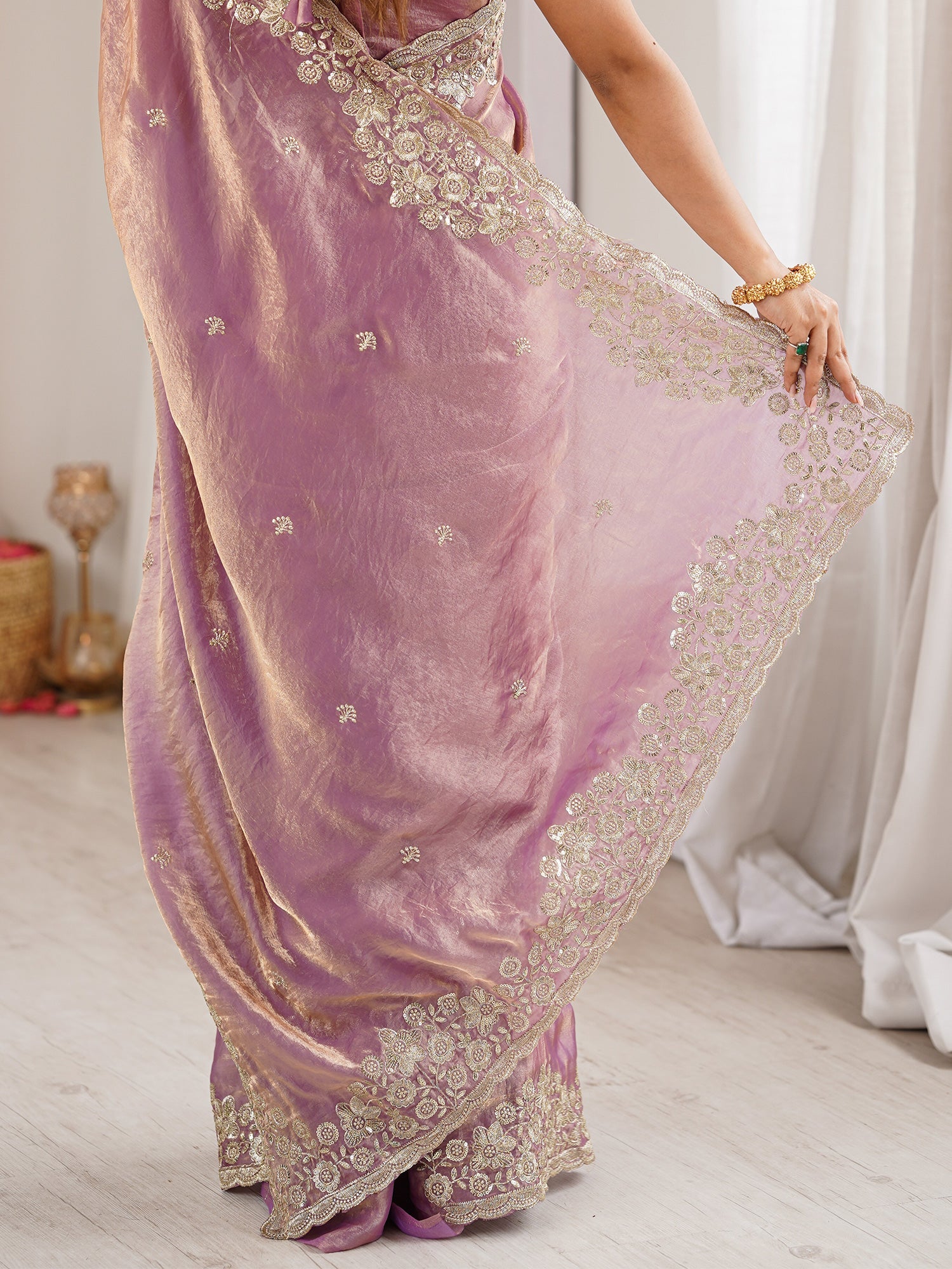 Lavender Tissue Silk Saree with Embroidered Border - Ressa