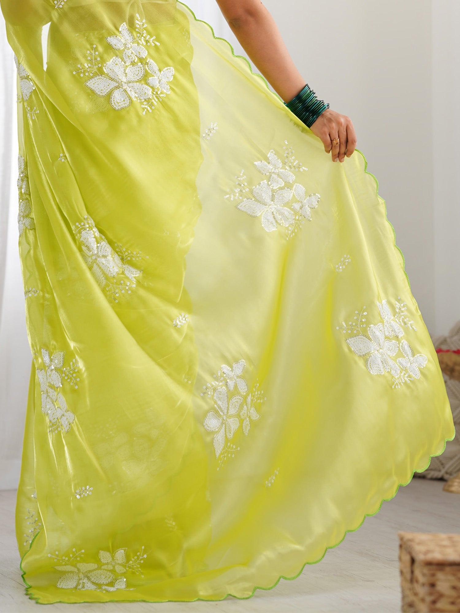 lemon Green Organza Floral Sequince Work Saree - Ressa