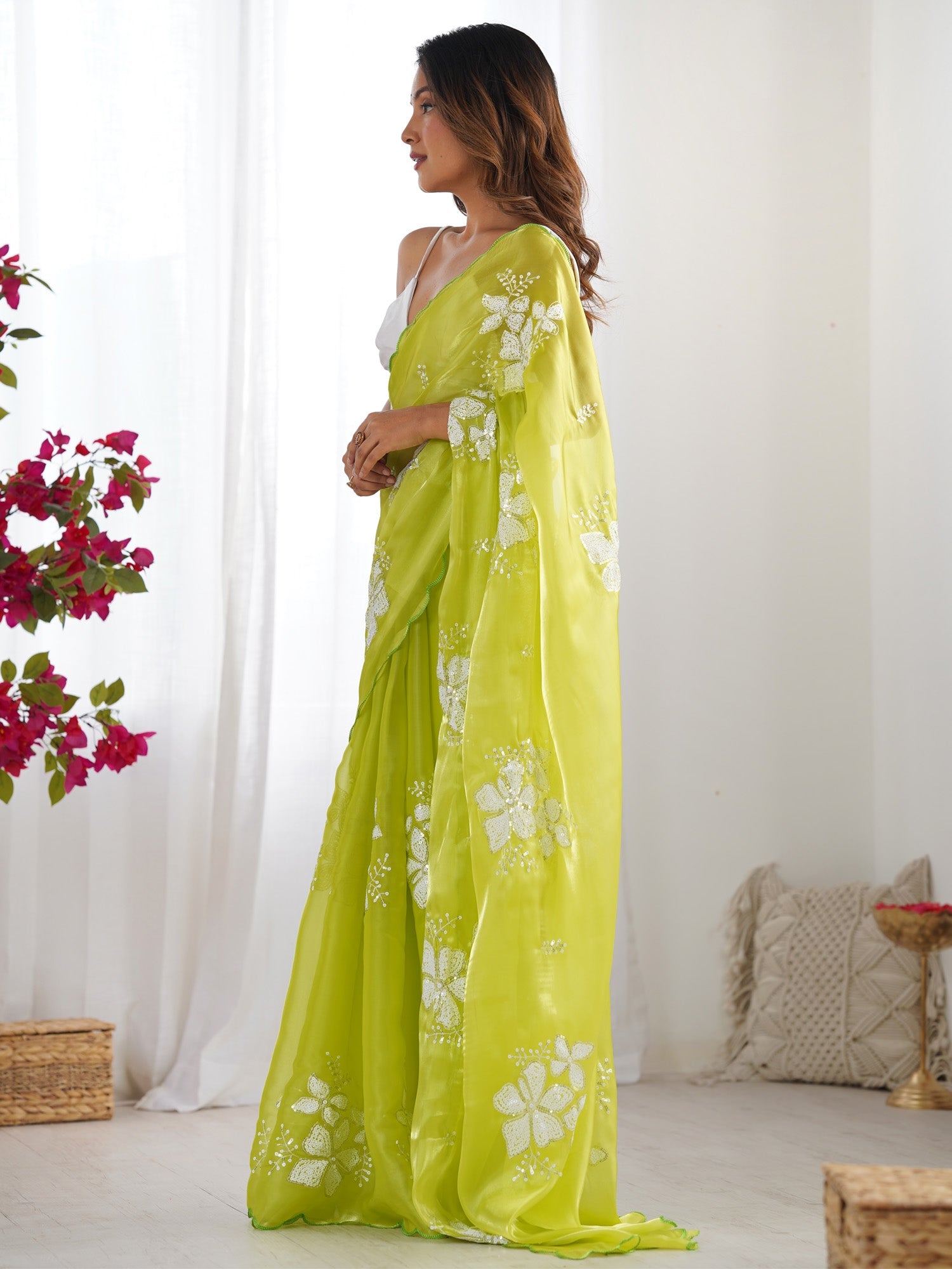lemon Green Organza Floral Sequince Work Saree - Ressa