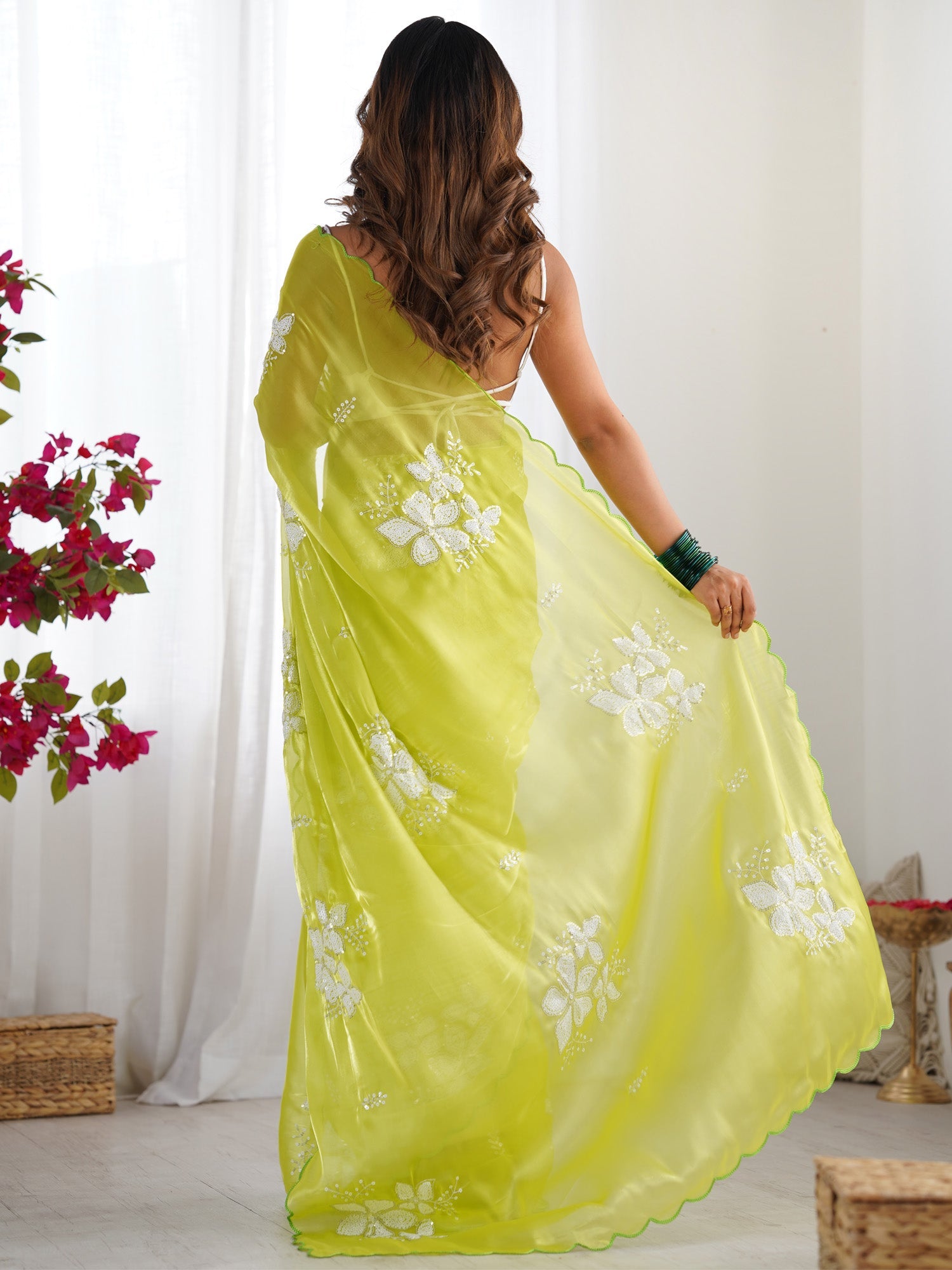 lemon Green Organza Floral Sequince Work Saree - Ressa