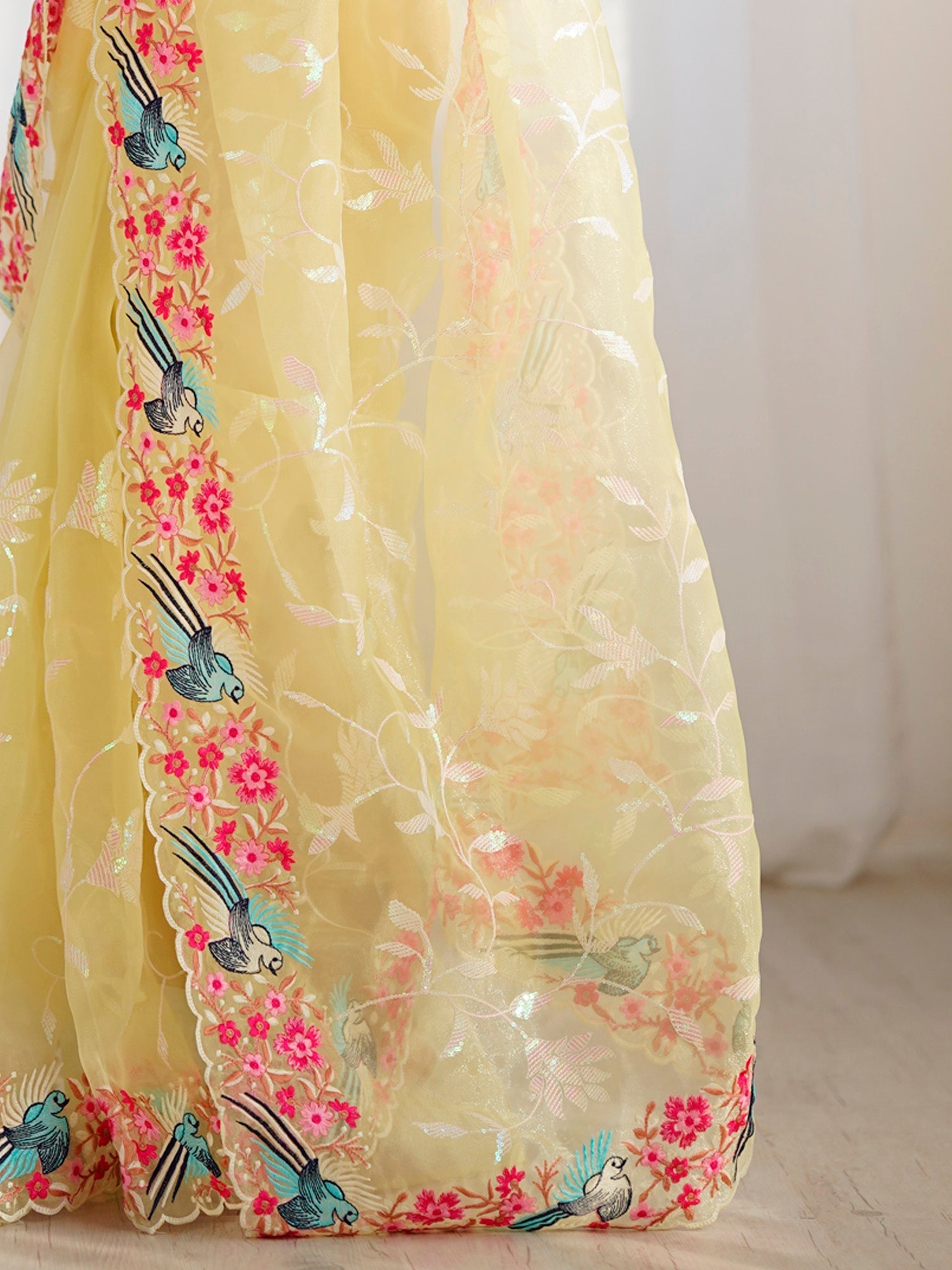 Lemon Yellow Bird & Floral Embroidered Organza Saree - Ressa