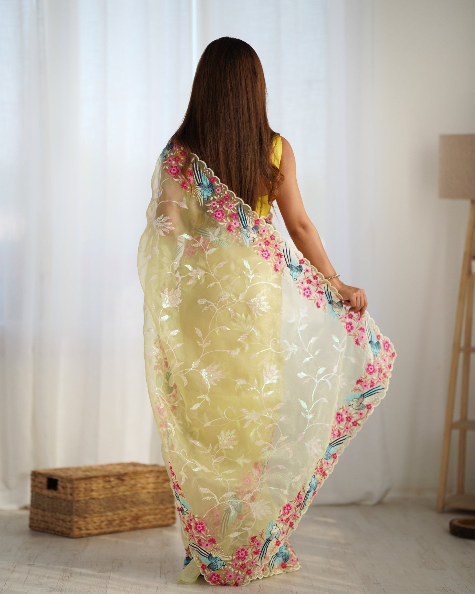 Lemon Yellow Bird & Floral Embroidered Organza Saree - Ressa