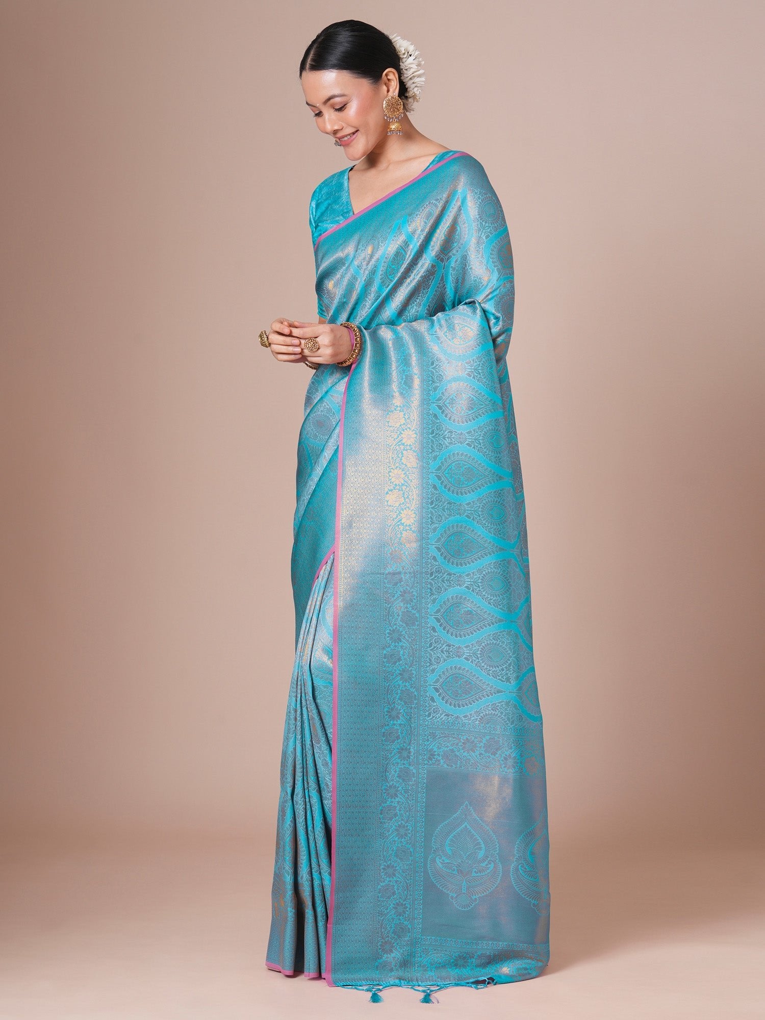 Light Bllue Silk Blend Kanjeevaram Silk Saree - Ressa