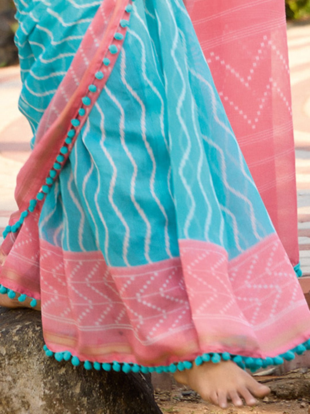 Light Blue Cotton Leheriya Print Saree - Ressa