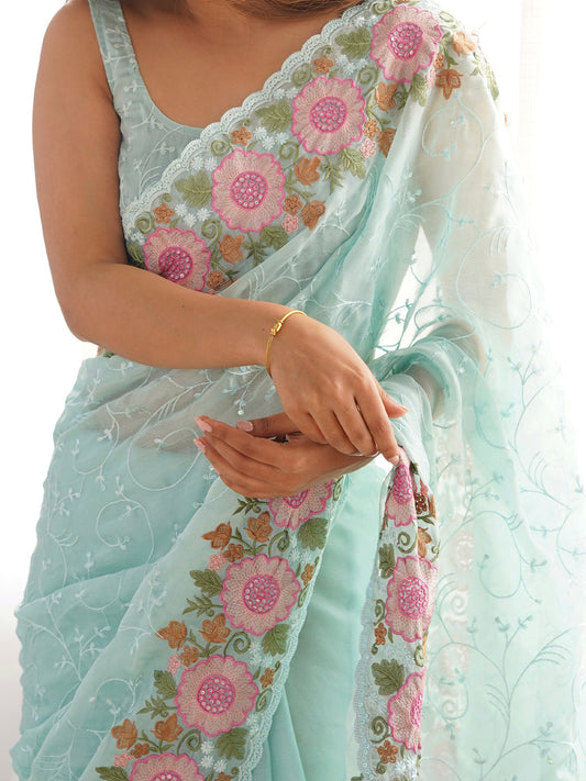 Light Blue Georgette Party Wear Saree - Ressa