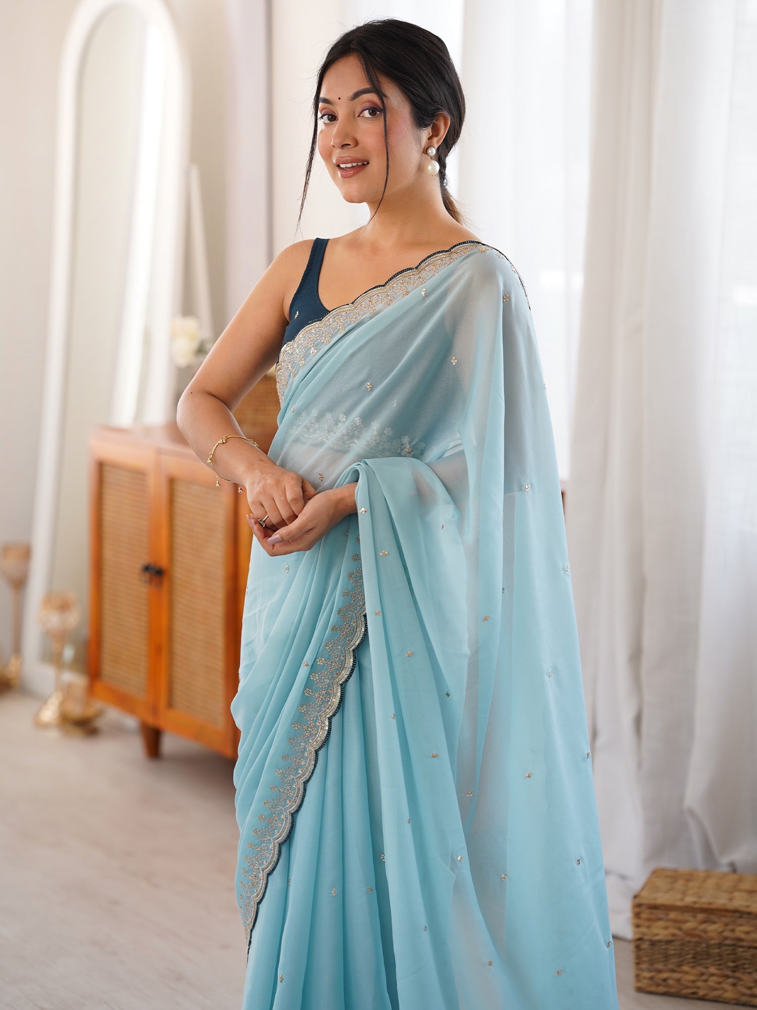 Light Blue Georgette Saree with scalloped Border - Ressa