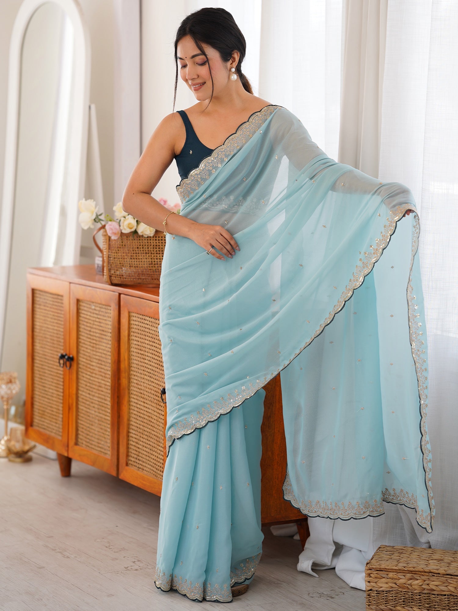 Light Blue Georgette Saree with scalloped Border - Ressa