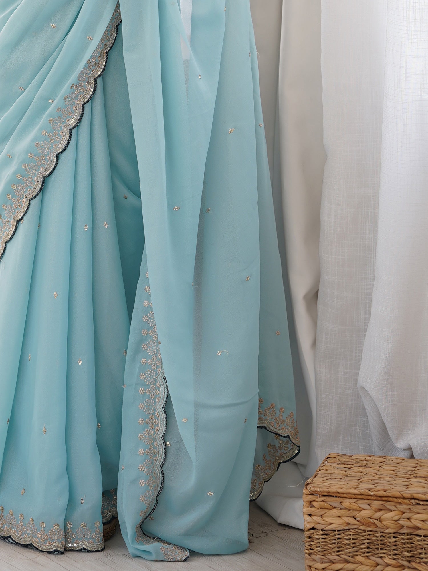 Light Blue Georgette Saree with scalloped Border - Ressa
