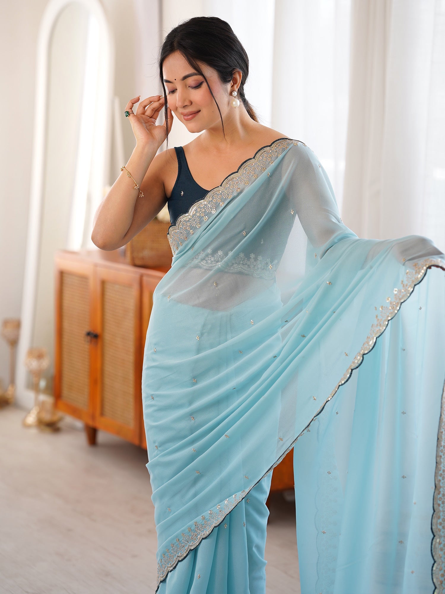 Light Blue Georgette Saree with scalloped Border - Ressa