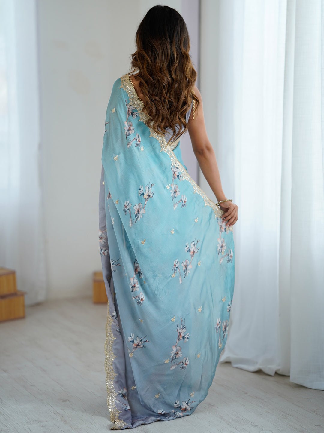 Light Blue & Grey Crepe Silk Floral Digital Print Sequin Border Blouse Saree - Ressa