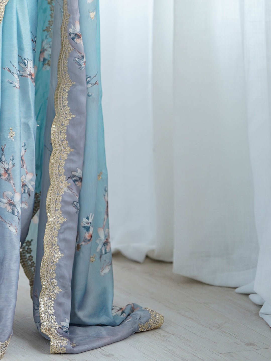 Light Blue & Grey Crepe Silk Floral Digital Print Sequin Border Blouse Saree - Ressa