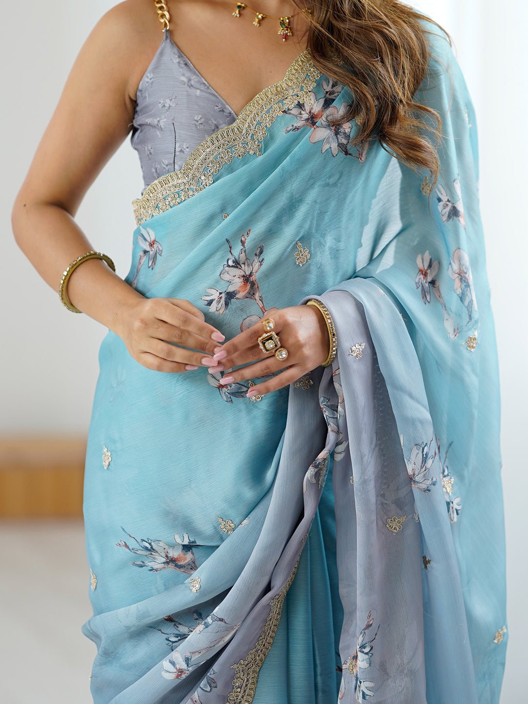 Light Blue & Grey Crepe Silk Floral Digital Print Sequin Border Blouse Saree - Ressa