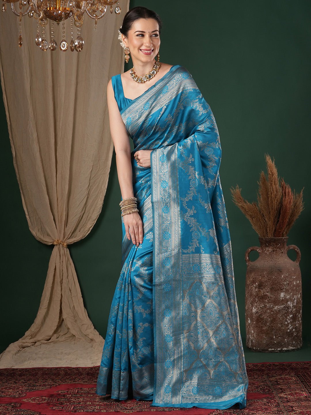 Light Blue Lichi Silk Banarasi Patten Saree - Ressa