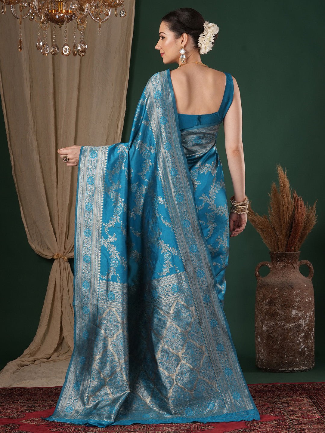 Light Blue Lichi Silk Banarasi Patten Saree - Ressa