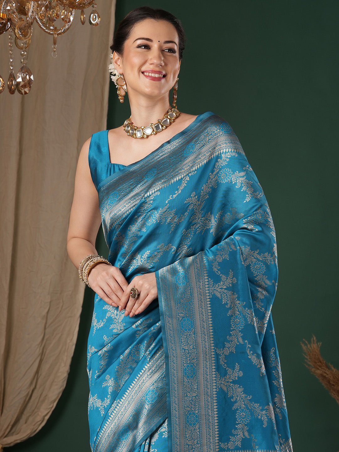 Light Blue Lichi Silk Banarasi Patten Saree - Ressa