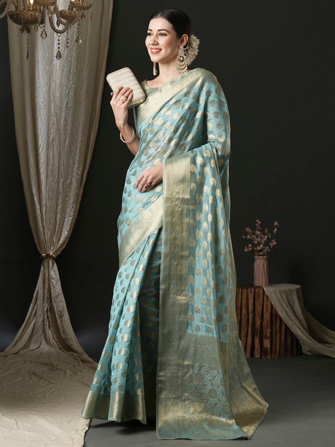 Light Blue Organza Banarasi Silk Saree - Ressa