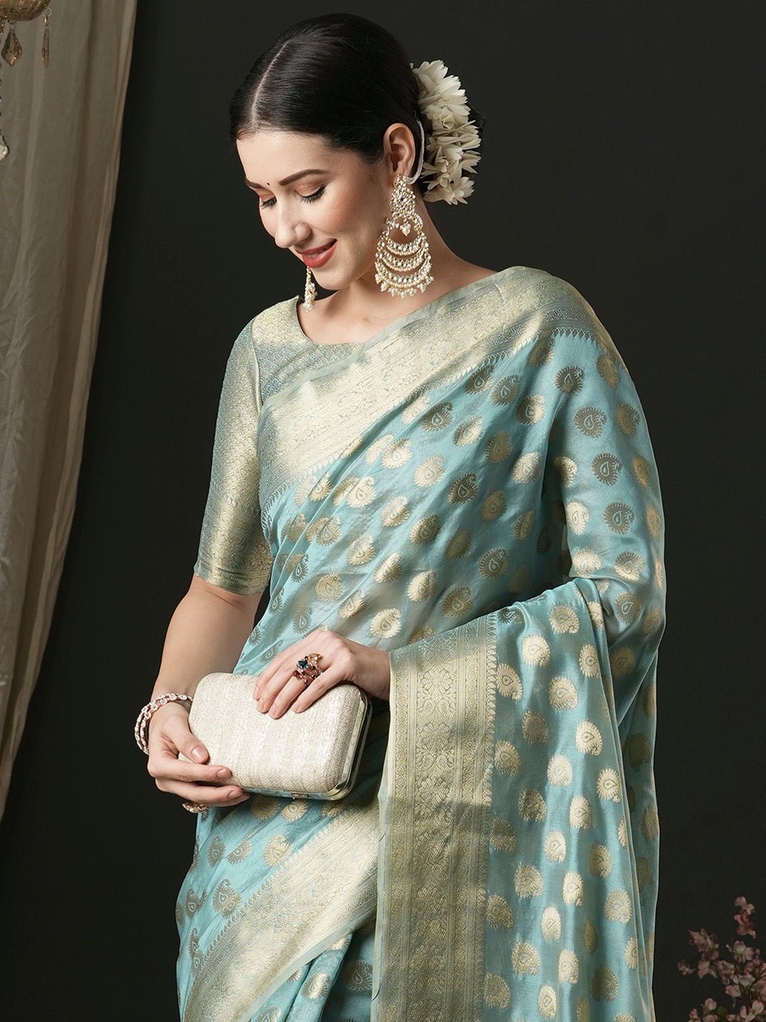 Light Blue Organza Banarasi Silk Saree - Ressa
