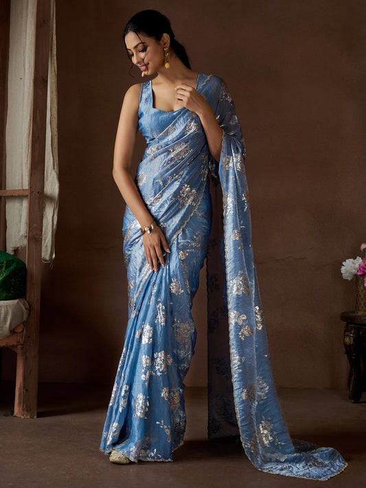 Light Blue Pure Silk Party Wear Saree - Ressa