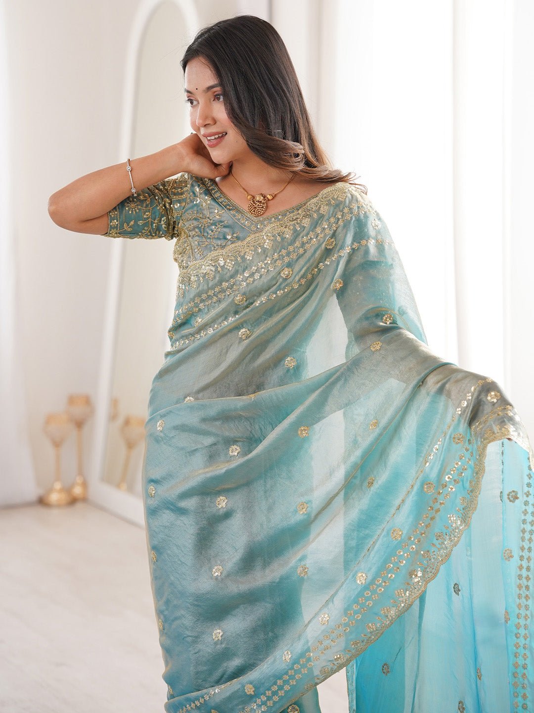 Light Blue Satin Emblished Party Wear Saree - Ressa