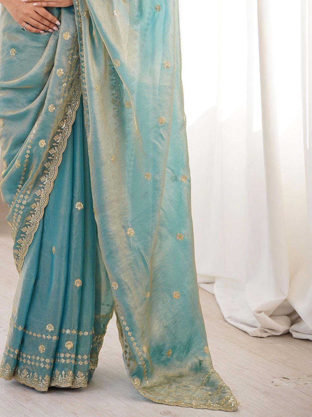 Light Blue Satin Emblished Party Wear Saree - Ressa