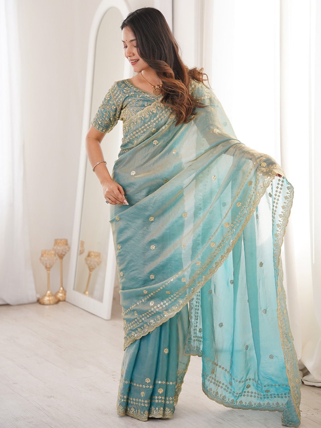Light Blue Satin Emblished Party Wear Saree - Ressa