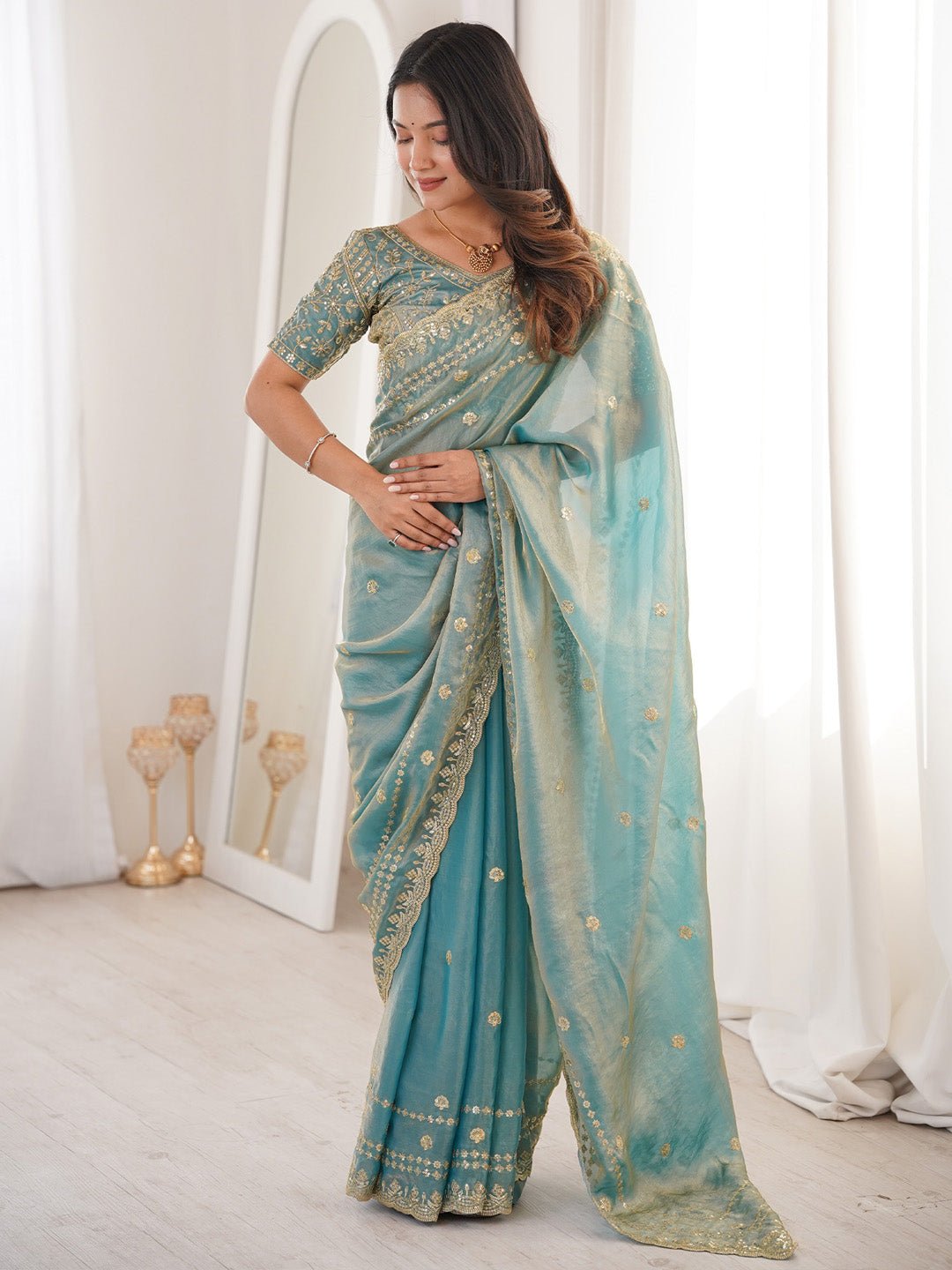 Light Blue Satin Emblished Party Wear Saree - Ressa