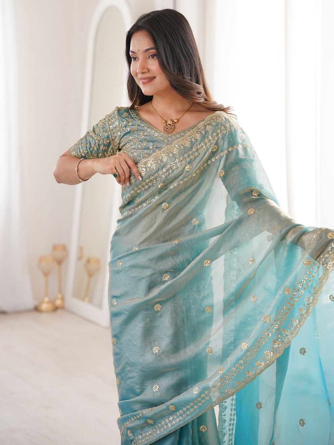 Light Blue Satin Emblished Party Wear Saree - Ressa