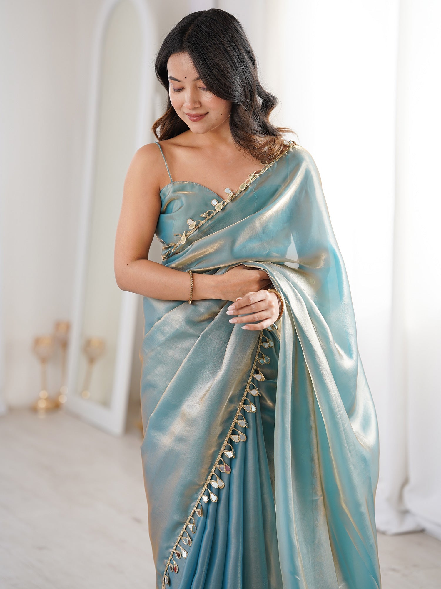 Light Blue Satin Party Wear Saree - Ressa