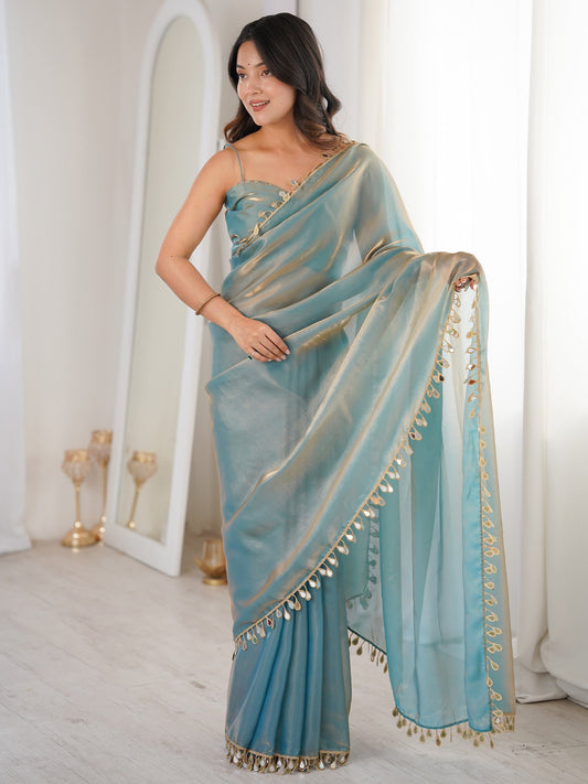 Light Blue Satin Party Wear Saree - Ressa