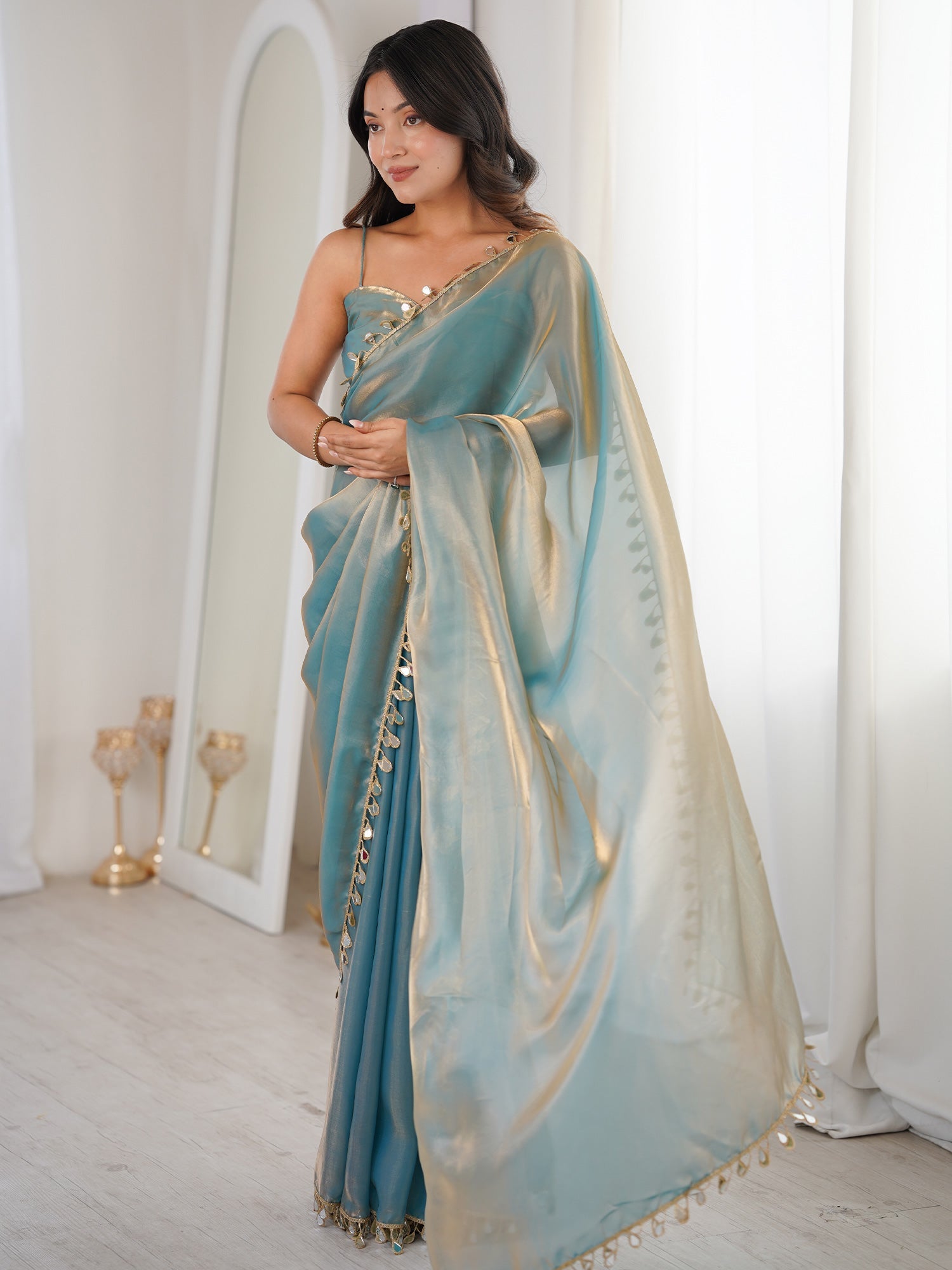 Light Blue Satin Party Wear Saree - Ressa