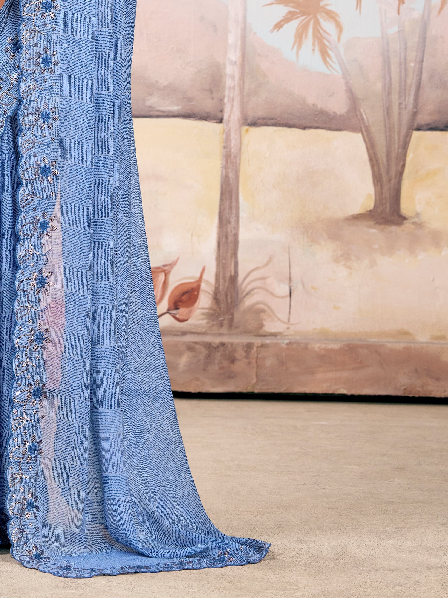 Light Blue Silk Blend Embroidered Border Saree - Ressa