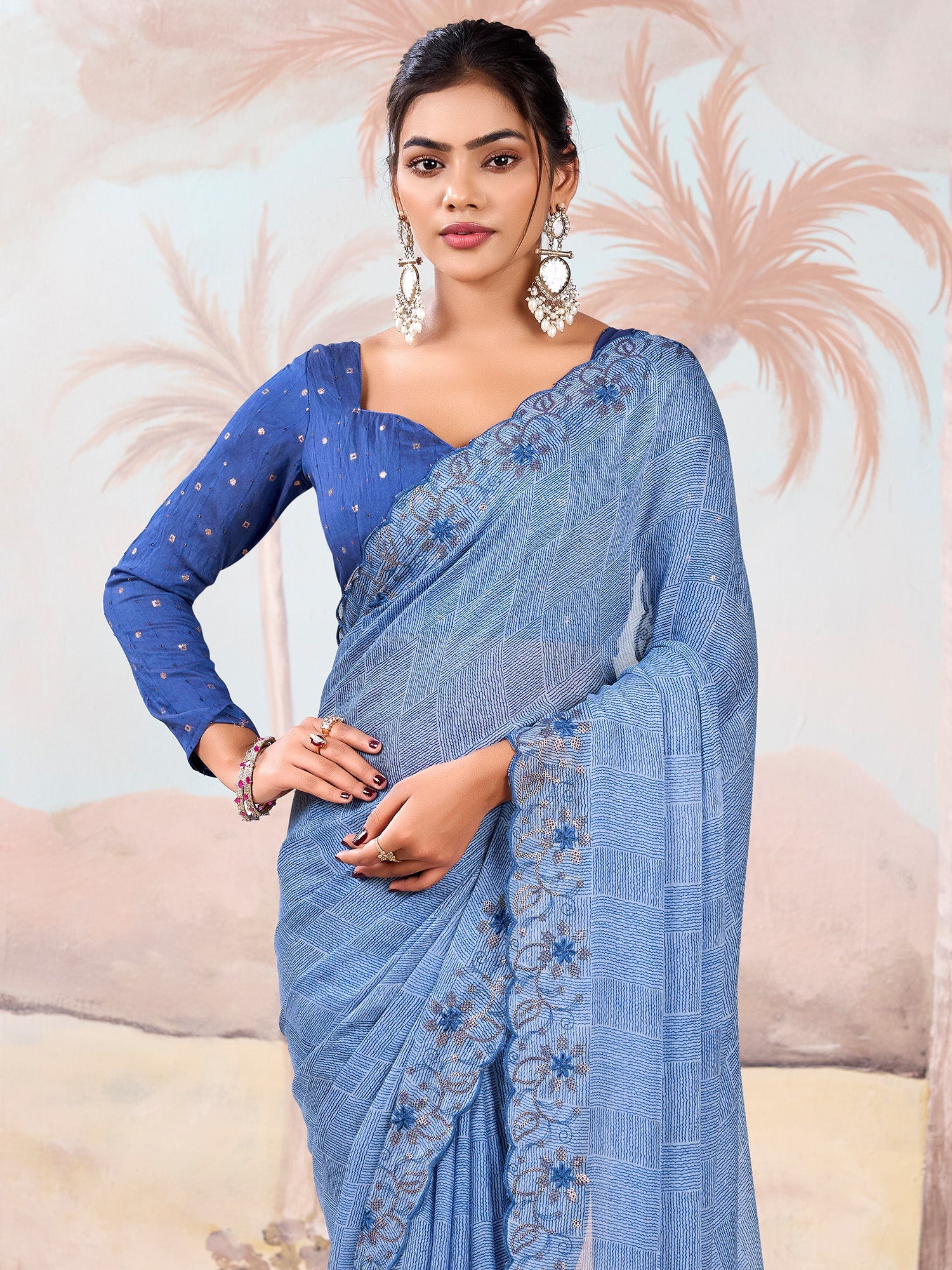 Light Blue Silk Blend Embroidered Border Saree - Ressa