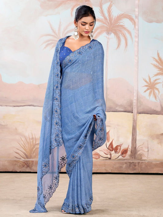 Light Blue Silk Blend Embroidered Border Saree - Ressa