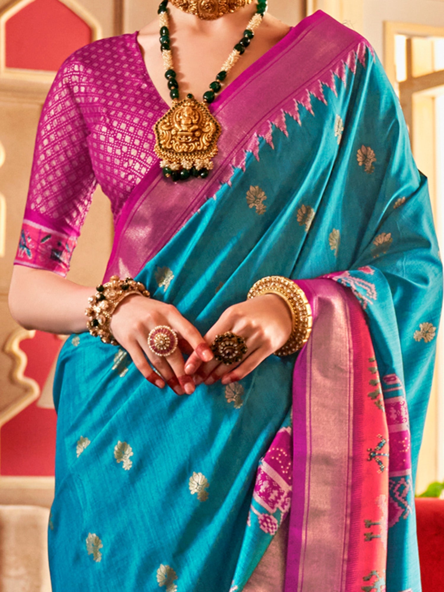 Light Blue Silk Blend Rani Pink Zari Print Border Saree - Ressa