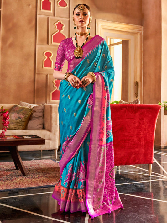 Light Blue Silk Blend Rani Pink Zari Print Border Saree - Ressa