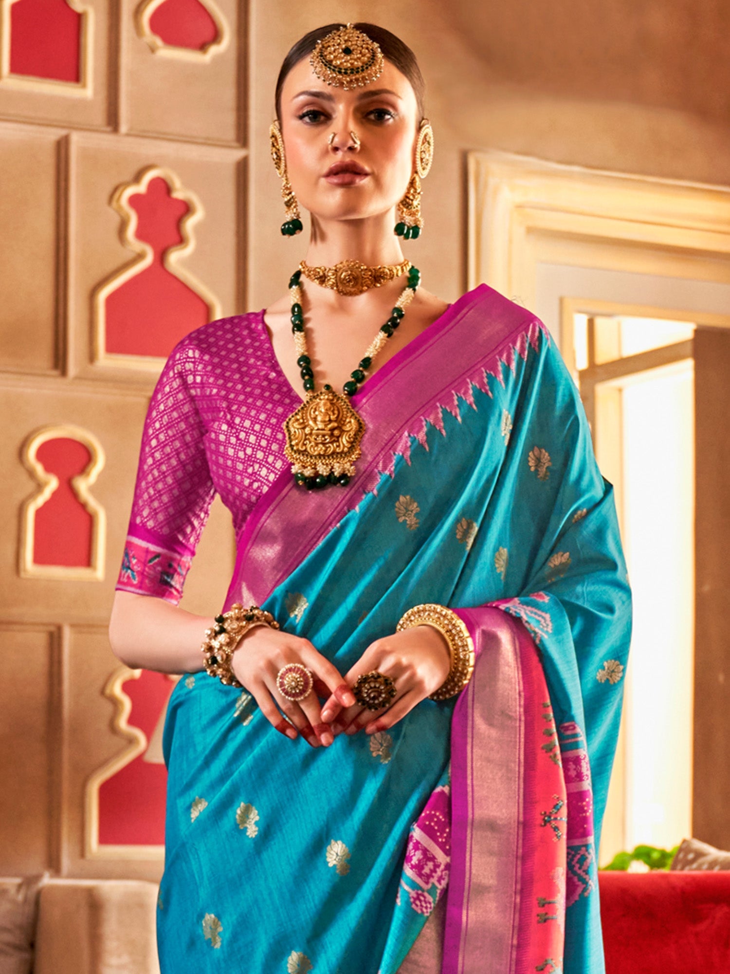 Light Blue Silk Blend Rani Pink Zari Print Border Saree - Ressa