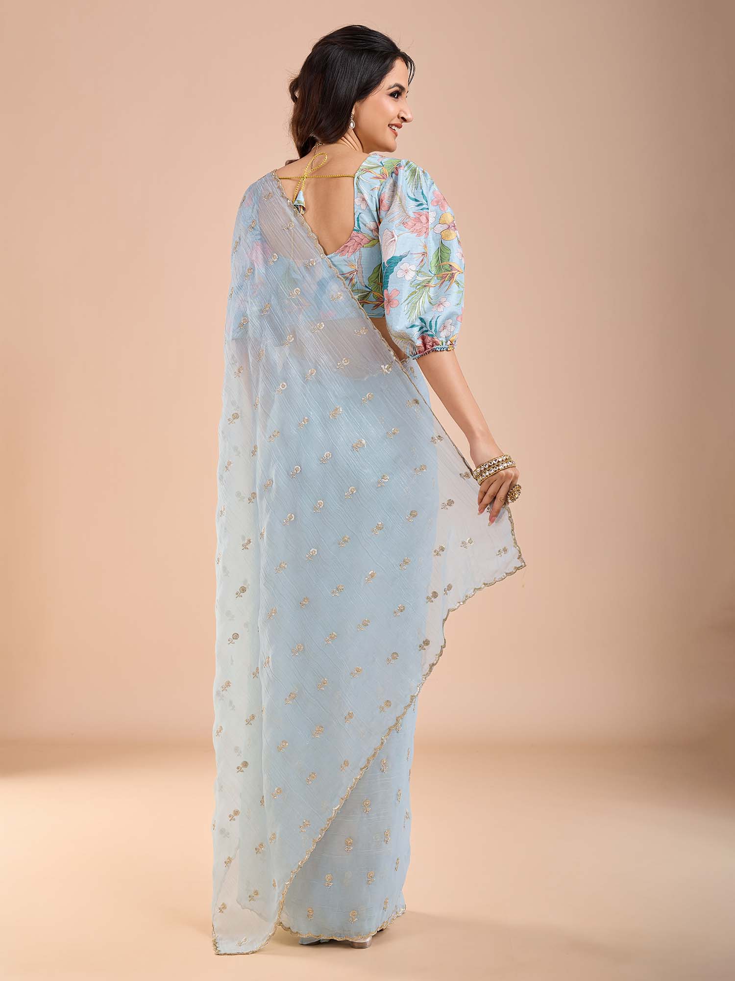Light Blue zari and Sequin Embroidery Scalloped Tissue Silk Saree - Ressa