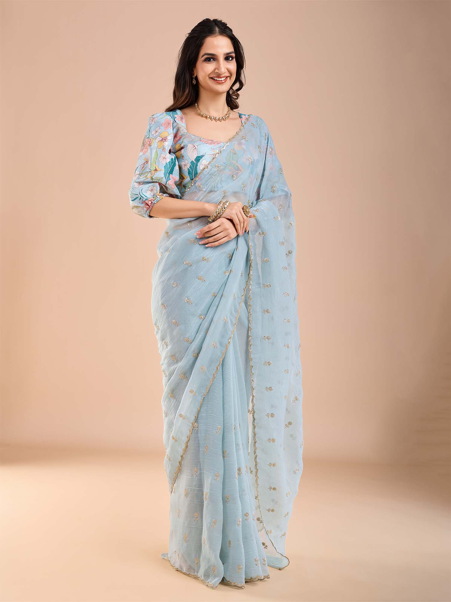 Light Blue zari and Sequin Embroidery Scalloped Tissue Silk Saree - Ressa