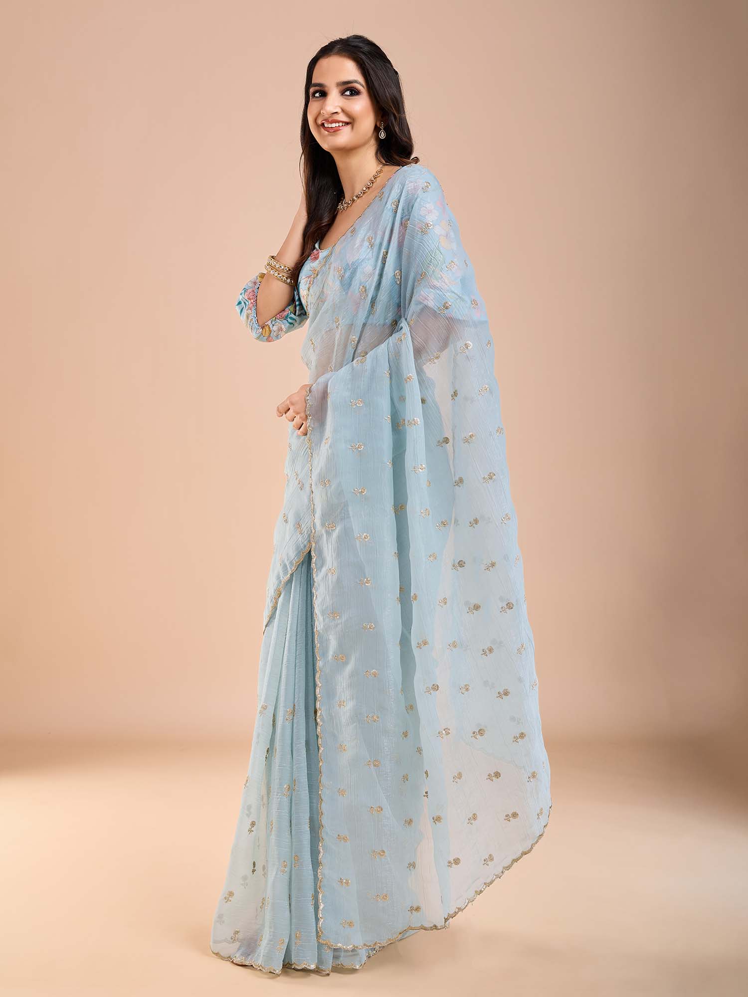 Light Blue zari and Sequin Embroidery Scalloped Tissue Silk Saree - Ressa