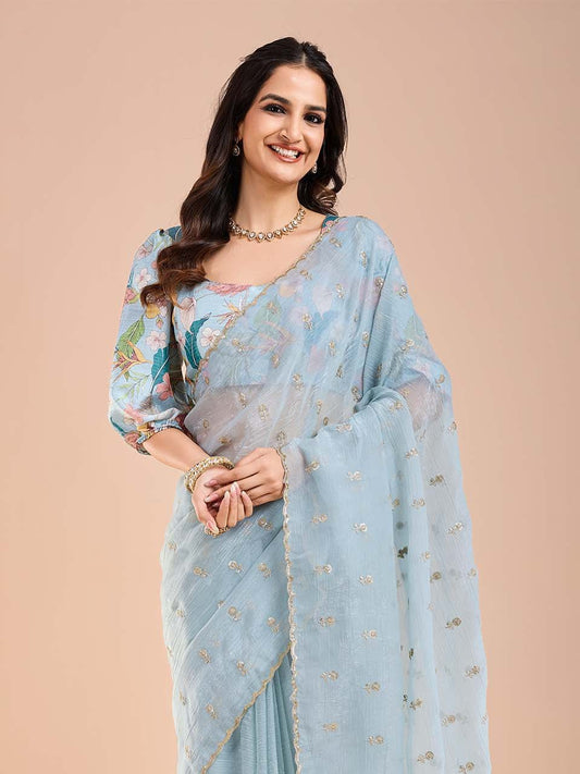Light Blue zari and Sequin Embroidery Scalloped Tissue Silk Saree - Ressa